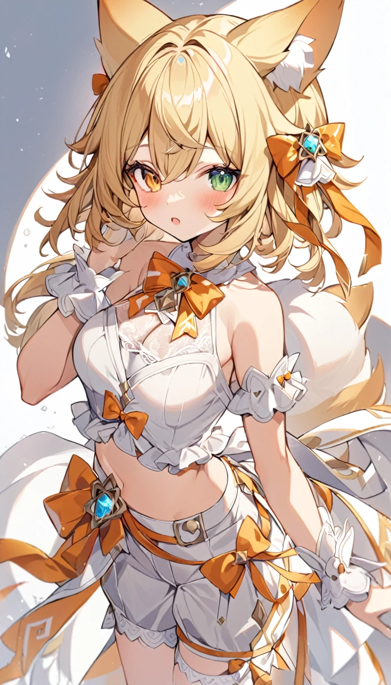 The fox girl,1girl, animal ears, bangs, bare shoulders, blonde hair, blush, bow, breasts, white cleavage, cropped torso, , green eyes, hair ribbon, heterochromia, , looking at viewer, open mouth, orange bow, orange eyes, orange ribbon, ribbon, solo, stuffed animal, , , upper body, full-length, white legbands, white shoes with lace and white bows, white background, wrist cuffs, yellow eyes, bloomers, close-up, fair skin frills, lace, midriff, skirt, solo, , white background,shorts, white top with ribbon and lace and trousers,trousers, genshin,white slippers with a bow,All clothes are white, laceAt full height, it stands
