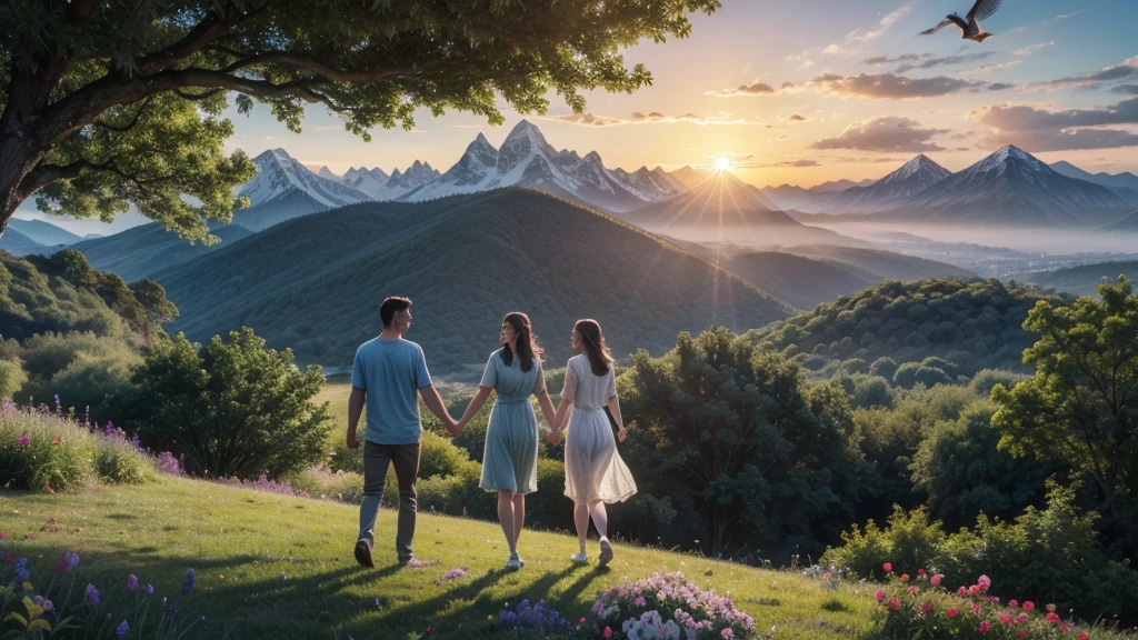 realistic image. a natural landscape with leafy trees, colorful flowers, mountains in the background and a blue sky with a sunrise and birds flying in the center of the image, three people holding hands and with a smile on their faces.