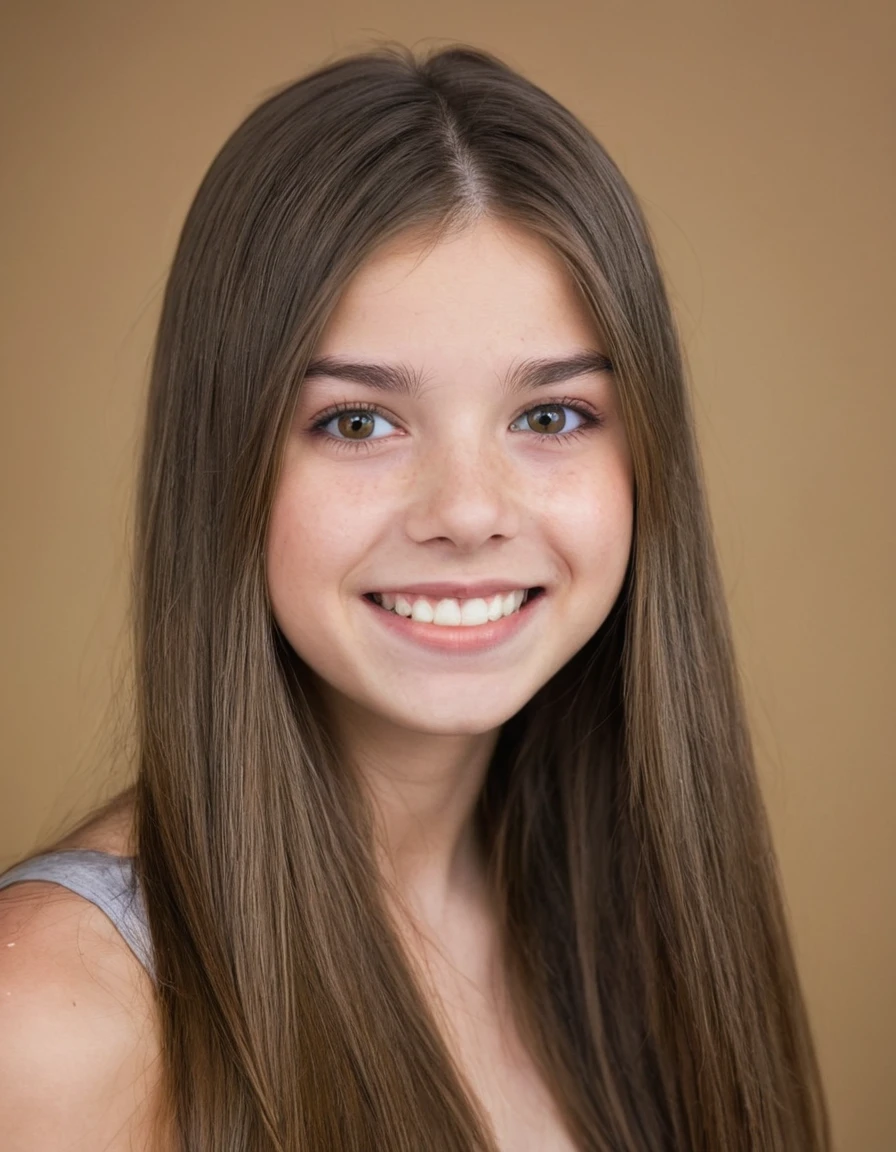 19 year old girl, pretty, very clear skin, Full mouth, long straight brown hair, styled hair, face photo, neutral facial expression, looking at the camera, realisitic