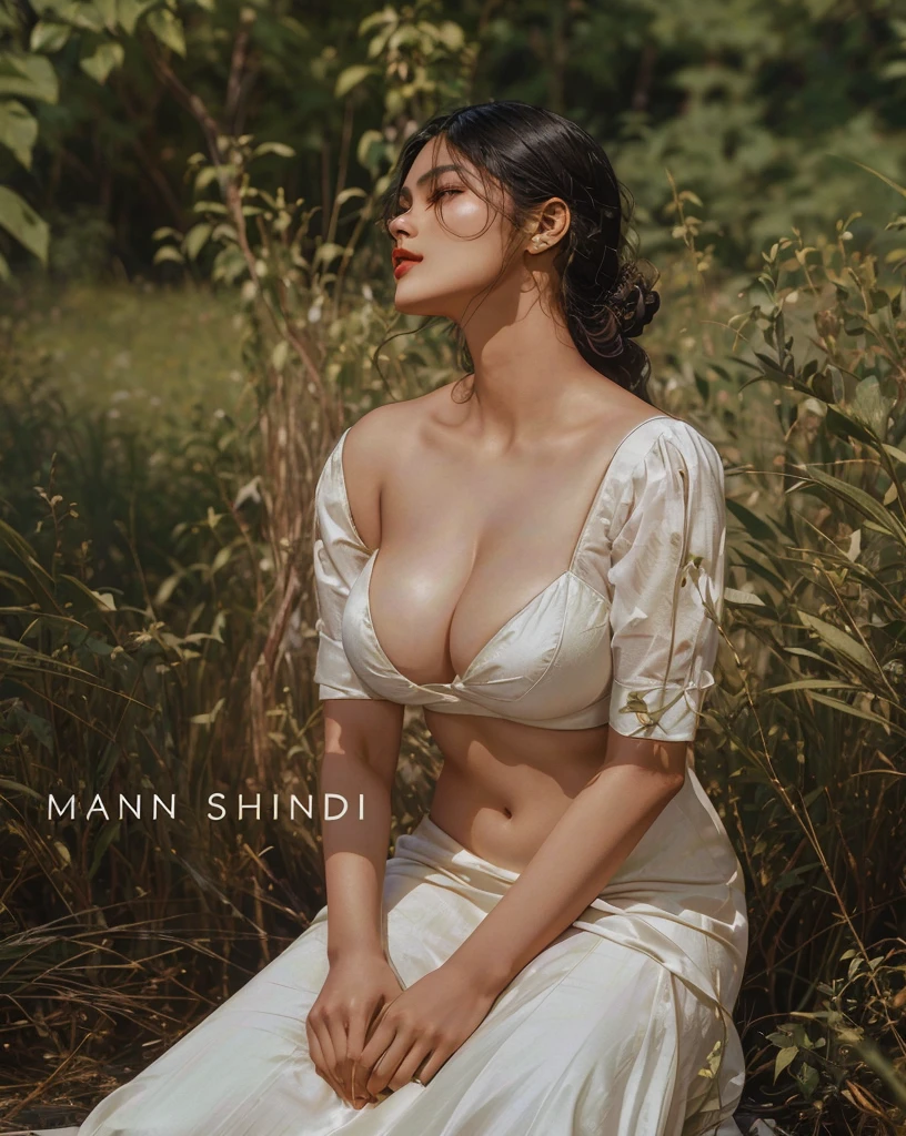 arafed asian woman in a white dress sitting in a field, indian super model, inspired by Wang Shimin, indian goddess, indian, japanese model, jin shan, by Narayan Shridhar Bendre, sexy movie photo, assamese aesthetic, by Wang Shishen, by Ma Shi, ivan shishk, big , cleavage show