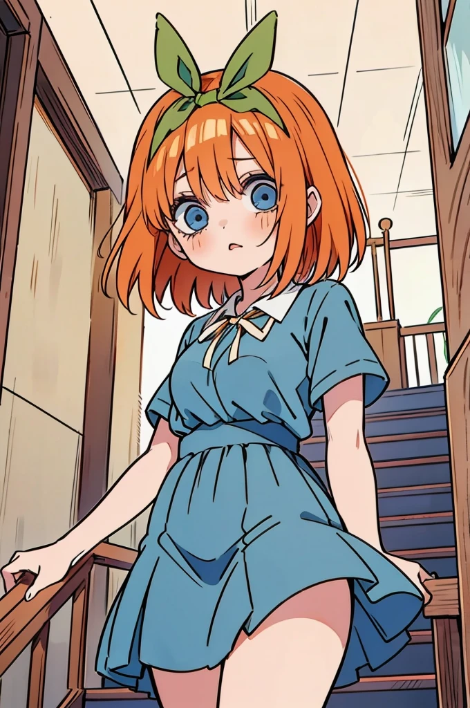 Yotsuba nakano, comind down the stairs, looking down,, yotsuba going downstairs, (1 girl, solo, alone), , sfw, nakano_yotsuba, blue eyes, indigo eyes, aayotsuba, short orange hair, yotsuba from The Quintessential Quintuplets, masterpiece, 4k, ultradetailed, cowboy shot, short orange hair, green ribbon, hair ribbon, blue eyes, innocent, pure, tender, frightened, terrified face