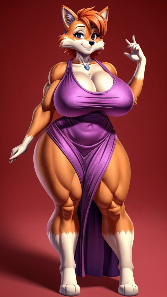 Skye fron Paw Patrol, as a female fox, anthro, mature adult, tall, muscular, tomboy, big breasts, big butt, thicc thighs, large orange hair with fringe, magenta iris, massive female, bright red long dress, solo, beautiful, high quality, manhwa style, clear background, front view, 4K