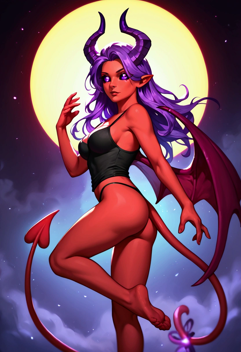 score_9,score_8_up,score_7_up,score_6_up, (my little pony), radiant lighting, vibrant colors, whimsical atmosphere, 8K, high resolution, highly detailed, masterpiece, (red body), (long purple hair), ((detailed purple eyes with black sclera)), black camisole top, black thong, ((heroic pose)), showing butt, medium breasts, succubus horns, succubus tail, folded succubus wings