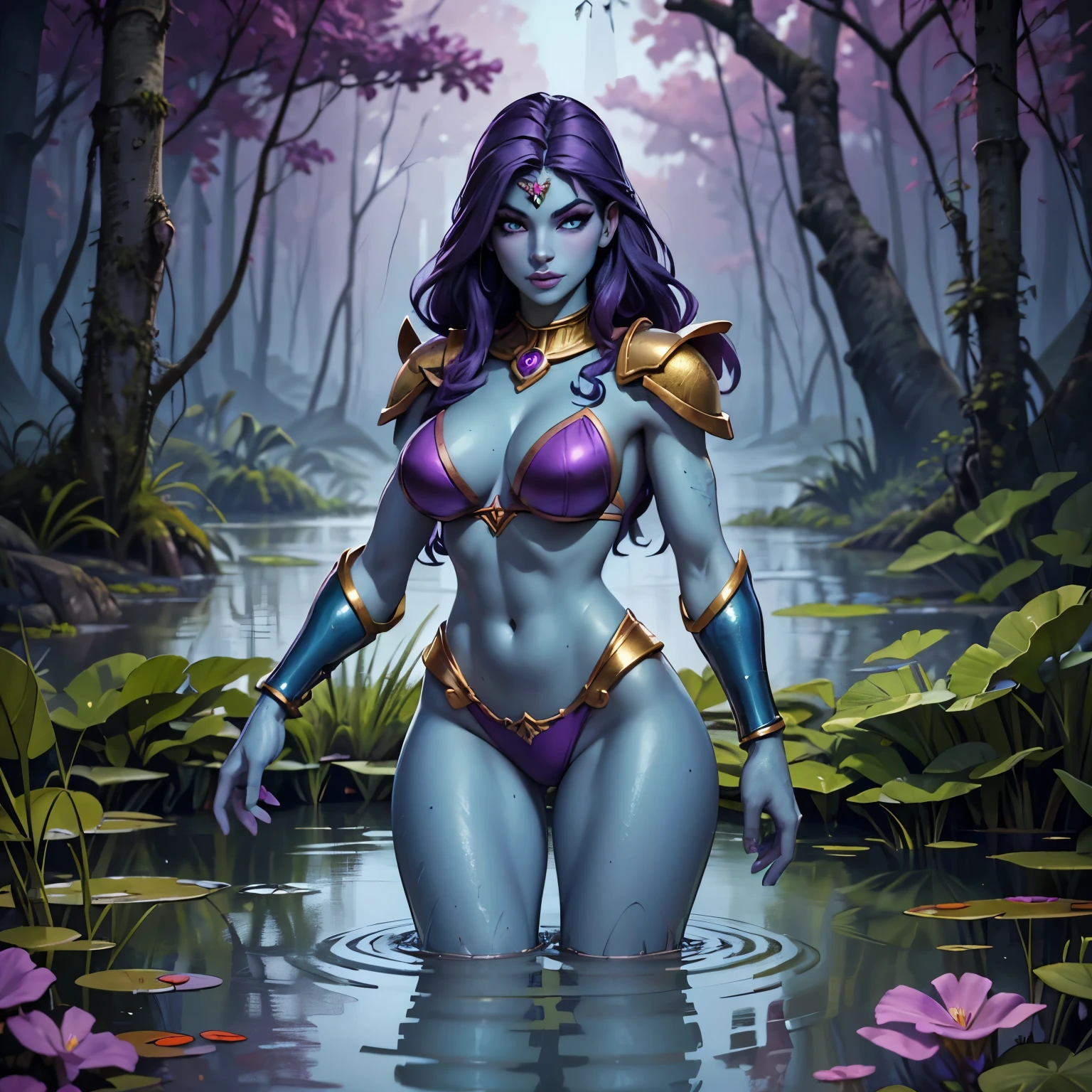 super quality, beautiful detail, super detailed, extra fine, 16K, exquisite, absurd, high resolution, masters of the universe. a (((blue skinned))) female warrior, She has dark purple colored hair with lots of volume and wears (purple bikini armor), gold trim. (detailed face, detailed eyes) (best quality,4k,8k,highres,masterpiece, colorful, vibrant colors:1.2) , long eyelashes, ((detailed lips)), narrow eyes, lavender colored eyes. Good hands, detailed hands. Eternia background. Show her wading through swampy water, standing in deep water, moss covered trees, dirty water, swamp, dark swamp, swamp creatures in the background, strange creatures