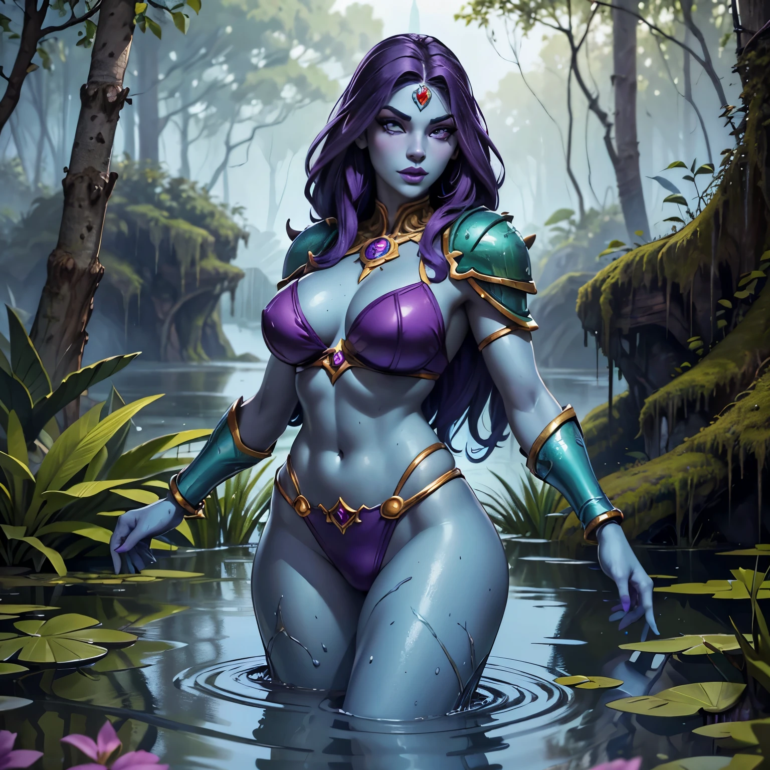 super quality, beautiful detail, super detailed, extra fine, 16K, exquisite, absurd, high resolution, masters of the universe. a (((blue skinned))) female warrior, She has dark purple colored hair with lots of volume and wears (purple bikini armor), gold trim. (detailed face, detailed eyes) (best quality,4k,8k,highres,masterpiece, colorful, vibrant colors:1.2) , long eyelashes, ((detailed lips)), narrow eyes, lavender colored eyes. Good hands, detailed hands. Eternia background. Show her wading through swampy water, standing in deep water, moss covered trees, dirty water, swamp, dark swamp, swamp creatures in the background, strange creatures