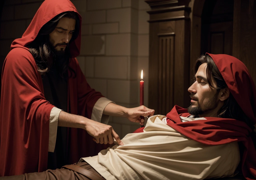 JesusChrist, HEALING A BLIND MAN, JESUS WITH RED CLOAK, THE BLIND MAN IN DARK OLD CLOTHES , DA EMPOCA, REALISTIC SENARY
