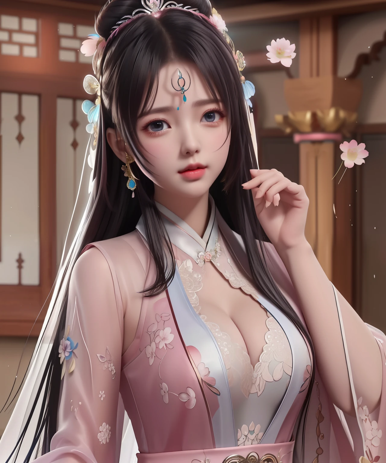 (8k, RAW photo:1.2), best quality, ultra high res,dramatic angle,(fluttered detailed color splashs), (illustration),(((1 girl))),(long hair),(rain:0.9), (Headdress:1.4),There is an ancient palace beside the girl,Hanfu,(Key Points),Color ink painting,(Splash of Color),Splash of Color,(((colorful))),(sketch:0.8) , Masterpiece, best quality, beautiful painted, highly detailed,(denoising:0.6),[splash ink],((ink refraction)), (beautiful detailed sky),moon,highly,detaild,(masterpiece, best quality, extremely detailed） CG Unity 8k Wallpaper，masterpiece，best quality，Ultra Detailed），（Lycoris）.shoulder ballet dress open V-chested clothes Thin silk lace dress short skirt , (huge ，cleavage),, white pink, blue ，best qualtiy，tmasterpiece，Ultra-high resolution，（Reality：1.4），RAW photogr，（True skin texture：1.3），（filmgrain：1.3），（Selfie angle），1个Giant Breast Girl，Beautiful eye and face details，tmasterpiece，Best quality at best，，The chest more exposed， detailed hair, bra pink , detail 8k, full body, lace petticoat