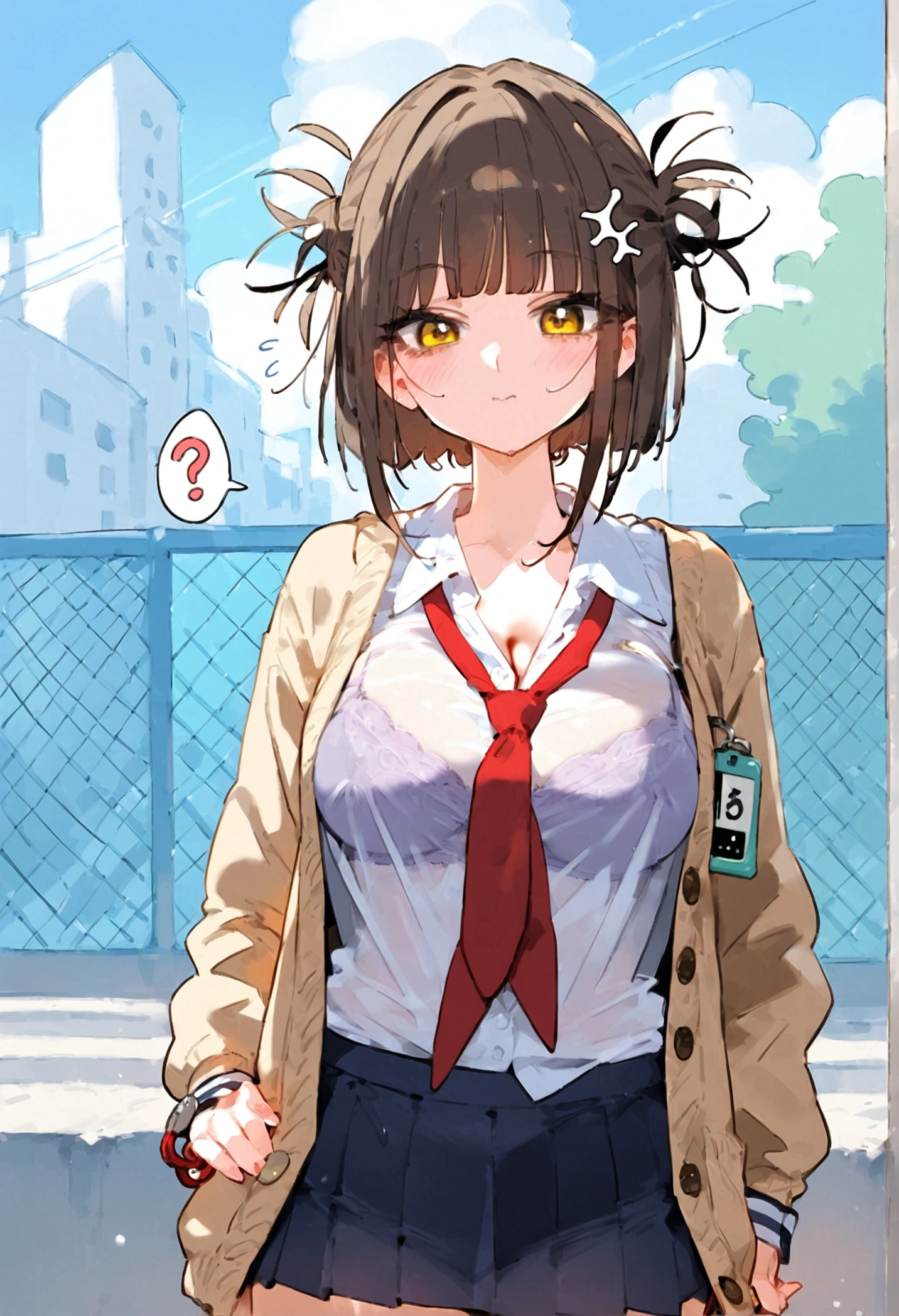 anime art, punctuation_9, punctuation_8_High above, punctuation_7_High above, punctuation_6_High above, punctuation_5_High above, punctuation_4_High above, toga himiko, breasts big, She is 24 years old, styled_3, ,,, yellow eyes , , , , _, , His usual outfit consists of a simple seifuku with a very short Kansai collar and a wet, translucent texture., with the eyes appearing a little., both the short skirt showing the thin, translucent white panties and the small, transparent dark blue shirt with a double white finish, really small, which is combined with a red scarf that she ties loosely below almost falling down. On top of this, She wears a small beige cardigan with small hem and cuffs , and pockets on both sides, the one on the right shows a series of trinkets on a keychain or on a cell phone strap. She wears black knee-high socks and dark brown school shoes.. fundo cinza, the view would be of her from the coast and a view below her, your ass would be very big and your panties would be very thin, the poico skirt covered it, and she wasn't wearing a bra under her see-through t-shirt, causing your nipple to show, bigger and more visible breasts, song much more transparent, more apparent and voluminous intimacy