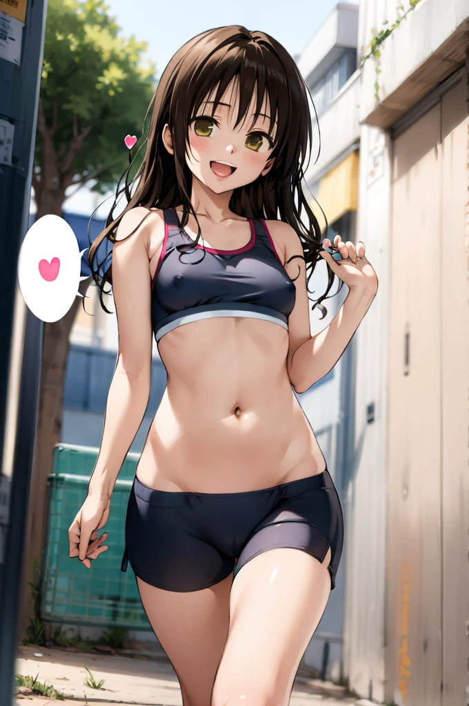 1girl,solo,yuuki mikan,, ,brown hair,, ,1girl,,,small breasts,,open mouth,,tongue,smile,(spoken heart),outdoor,,looking viewer,sports bra,panties,walking,cowboy shot