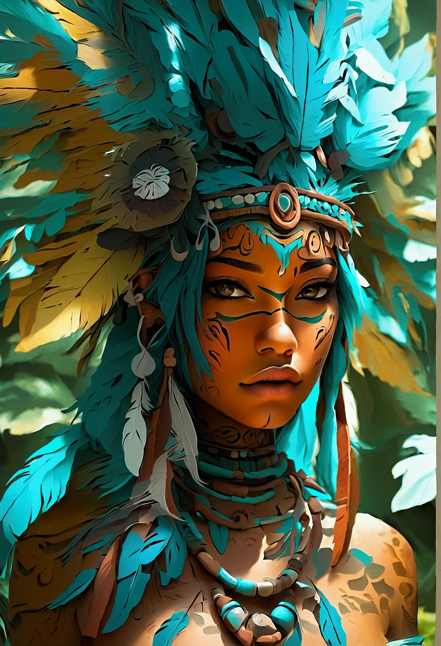 Chica indigenous tribal, BROWN SKIN, hair color aqua lsrgo add high definition add_detail:1, kitsune ears, tribal tattoo add_detail:1, in ruins in the jungle, barefoot, tribal costume add_details:1, giant aquamarine feather wings_detailsl:1 ,alas hermosas la mejor calidad y detail en las plumas, add blue saturation light_detailsl, sensual pose