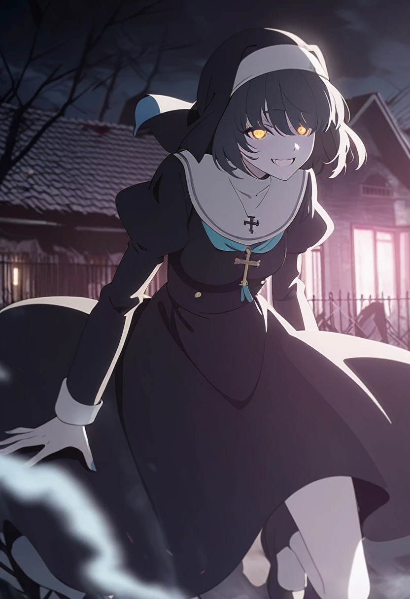 1girl, nun, cross, cross necklacke, jewelry, (black hair), (turquoise bangs), very short hair, hair over eyes, pale skin, yellow eyes, glowing eyes, black dress, house, evil smile, horror scene, (masterpiece), best quality, anime style, full body
