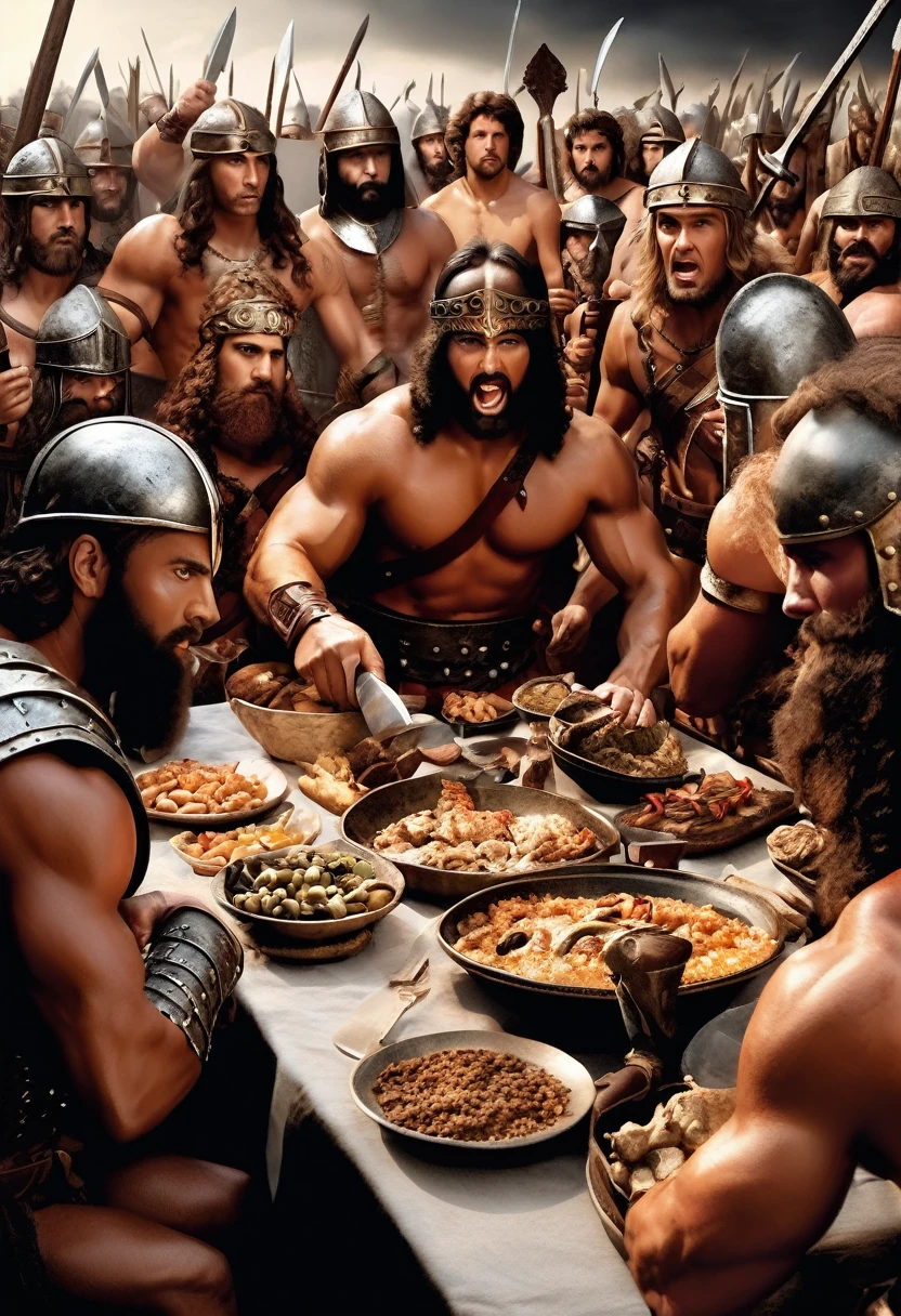 I created a barbarian war dinner, from biblical times, a hyper realistic illustration, on price, put the defeated army into retreat, with their faces full of terror and fear