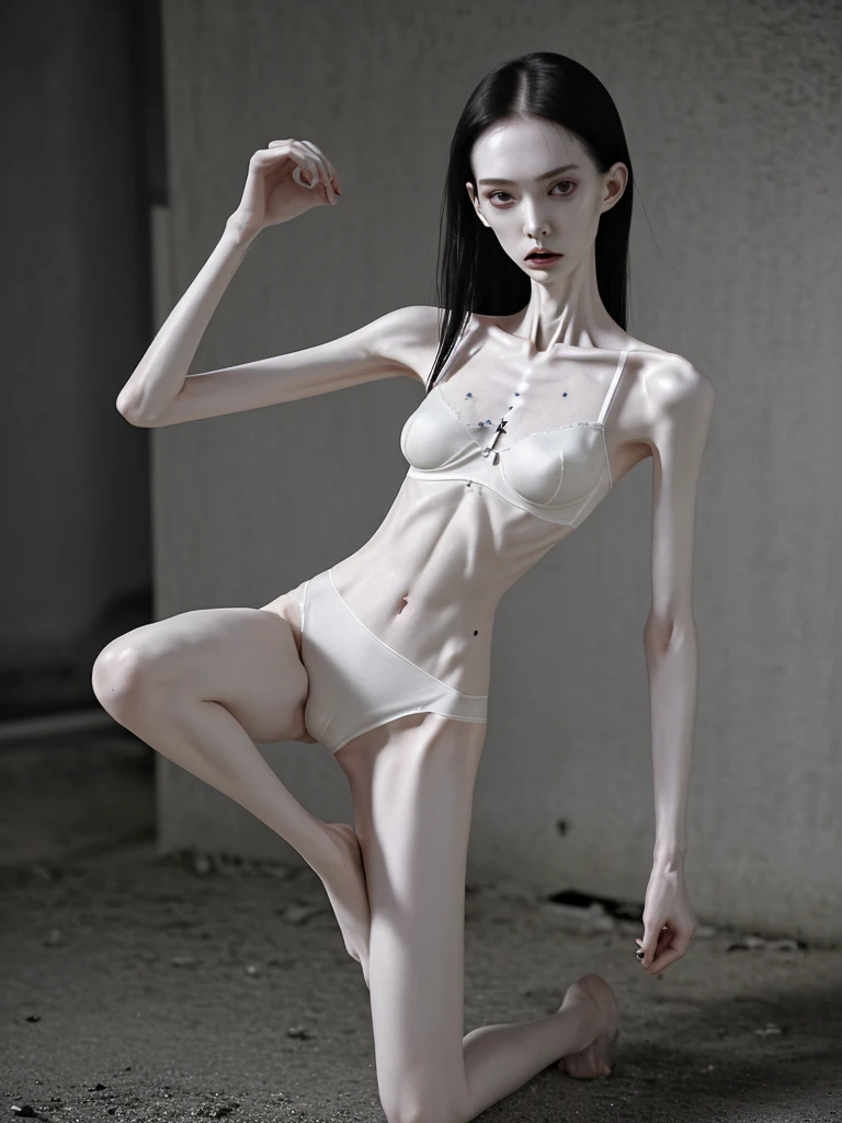 a woman, very thin body, body visible bones, very slender, pale white skin, panties, bra,tatto, full body, has a mental breakdown in an underground prison, sweaty weat body