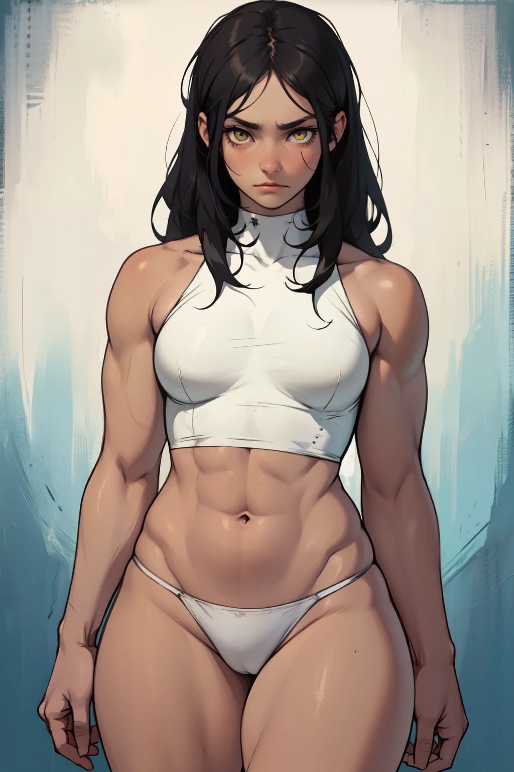 slender girl thick thick thick muscular girl black hair yellow eyes pale skin sad girl sad