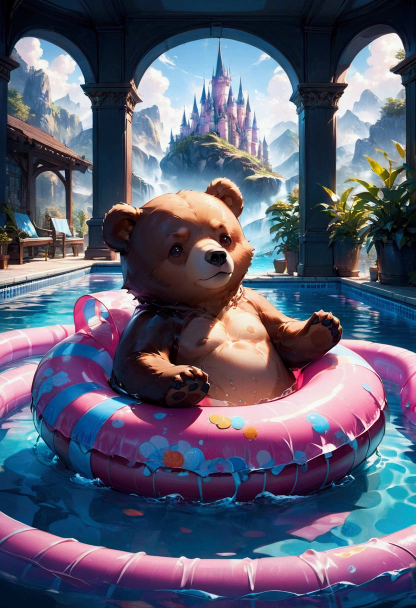 Pool , An adorable bear cub floating on its back on a pink inner tube in a swimming pool, hyperdetailed, 8k resolution concept art, cinematic, volumetric lighting, maximalist, detailed matte painting, deep color, fantastical, intricate detail, splash screen, complementary colors, fantasy concept art, 8k resolution trending on Artstation Unreal Engine 5, masterpiece, best quality, very aesthetic, absurdres