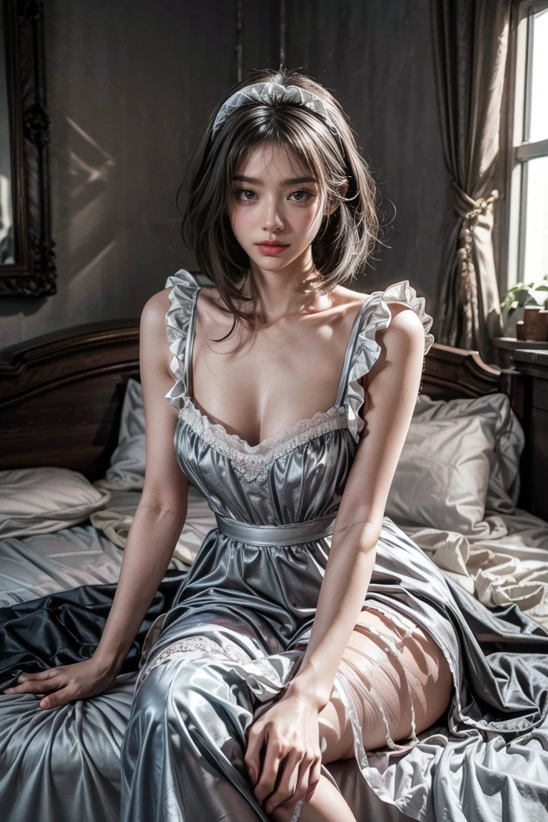 cinematic lighting, Bright dark, ray tracing, Mixing, Hyper-Realism, hasselblad, 85 mm, f/1.8, Photo at eye level, multiple views, First person view, best qualityer, work of art, anatomically correcte, texturized skin, There is a French Maid in a romantic bed-inroom, she has a filigree, dainty, Fragile body. The face is small, oval, very dainty, snub nose, pouring mouth, the eyes are almond-shaped and alert, the pupils are gray-green, long eyelashes, Better proportions, perfect  skin, skin with fine pores and velvety, long renda ruff, androgynous,((large and medium breasts)), (French maid dress, short petticoat: 1. 3), (Cabelo-Rehanna, silver pink, asymmetrical bob: 1.2), Slim long legs, skinny figure, Stockings, garter, volantes, bed-inroom, bed-in, volantes satin, (She does the housework: 1.6), entire person, sitting on the edge of the bed-in, green and whaite