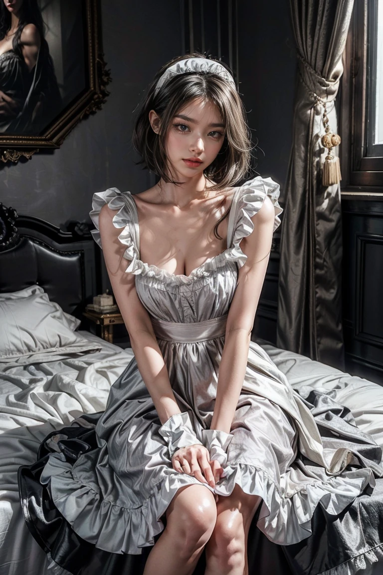 cinematic lighting, Bright dark, ray tracing, Mixing, Hyper-Realism, hasselblad, 85 mm, f/1.8, Photo at eye level, multiple views, First person view, best qualityer, work of art, anatomically correcte, texturized skin, There is a French Maid in a romantic bed-inroom, she has a filigree, dainty, Fragile body. The face is small, oval, very dainty, snub nose, pouring mouth, the eyes are almond-shaped and alert, the pupils are gray-green, long eyelashes, Better proportions, perfect skin, skin with fine pores and velvety, long renda ruff, androgynous,((large and medium breasts)), (French maid dress, short petticoat: 1. 3), (Cabelo-Rehanna, silver pink, asymmetrical bob: 1.2), Slim long legs, skinny figure, Stockings, garter, volantes, bed-inroom, bed-in, volantes satin, (She does the housework: 1.6), entire person, sitting on the edge of the bed-in, green and whaite