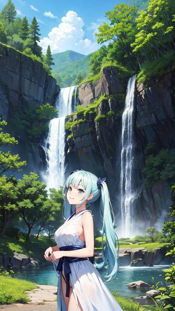 Sexy beauty,Beautiful Japanese Landscape、Big waterfall,Sunlight shines through the green leaves、White half dress、Light blue long hair、Beautiful girl with twin tails、Look up at the sky、Bright smile