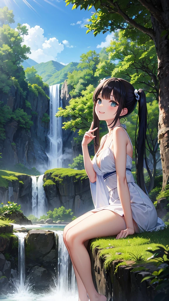 Sexy beauty，Beautiful Japanese Landscape、Big waterfall，Sunlight shines through the green leaves、White half dress、Light blue long hair、Beautiful girl with twin tails、Look up at the sky、Bright smile