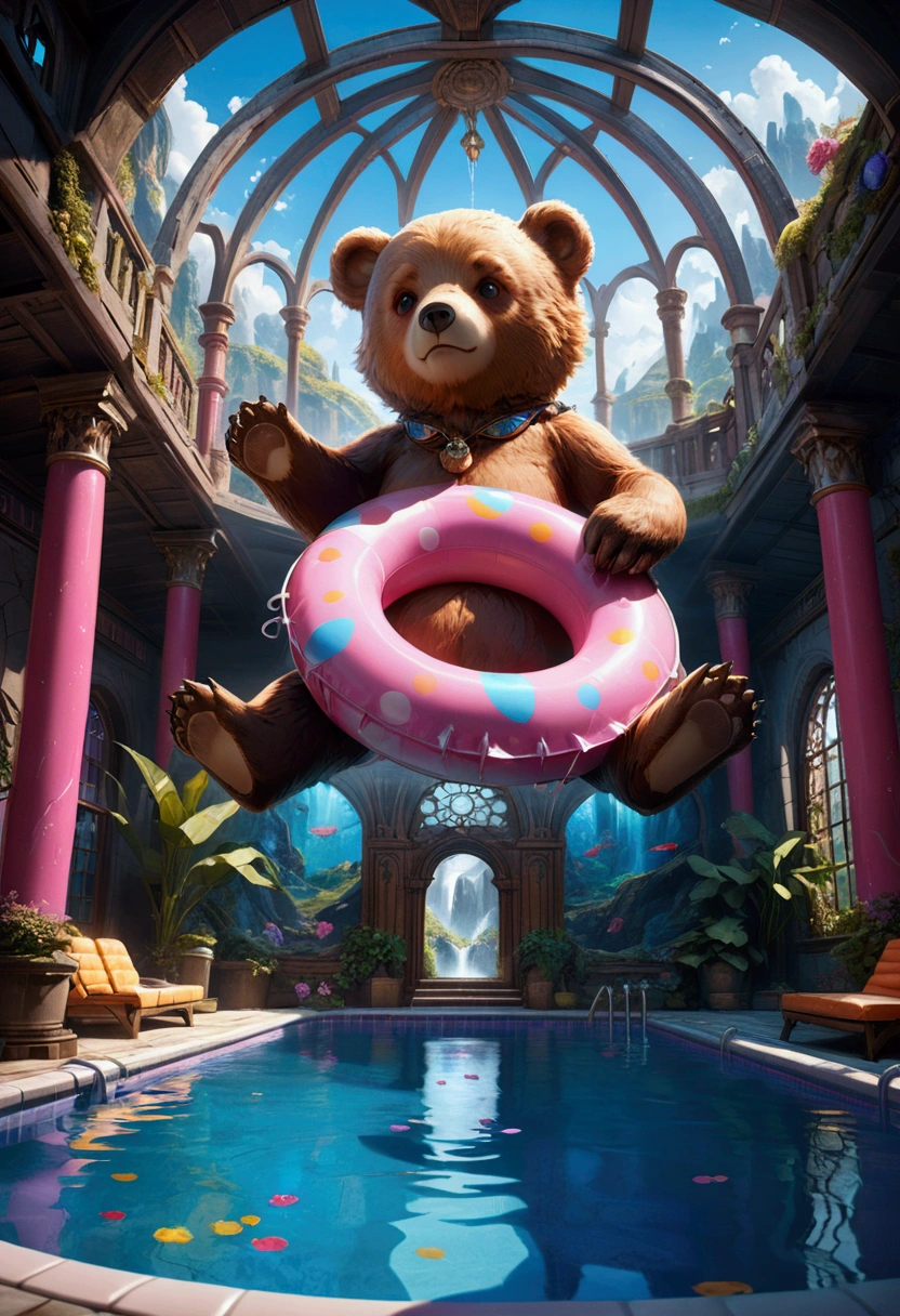 Pool , An adorable bear cub floating on its back on a pink inner tube in a swimming pool, hyperdetailed, 8k resolution concept art, cinematic, volumetric lighting, maximalist, detailed matte painting, deep color, fantastical, intricate detail, splash screen, complementary colors, fantasy concept art, 8k resolution trending on Artstation Unreal Engine 5, masterpiece, best quality, very aesthetic, absurdres