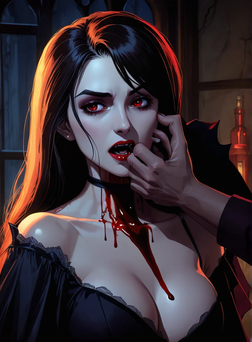 A moderately realistic cartoon/anime style scene depicting a vampire drinking blood from a young woman's neck. The woman, who appears to be 18 years old, is seductively dressed as if she was trying to seduce the vampire before he attacked her. She looks scared, having realized too late that he is a vampire. The vampire appears to be 40 years old, with an intense and predatory expression. There is some blood around the woman's neck where the vampire is drinking. The background is dark and atmospheric, enhancing the horror theme of the scene. The image should resemble a scene from a modern cartoon movie show.