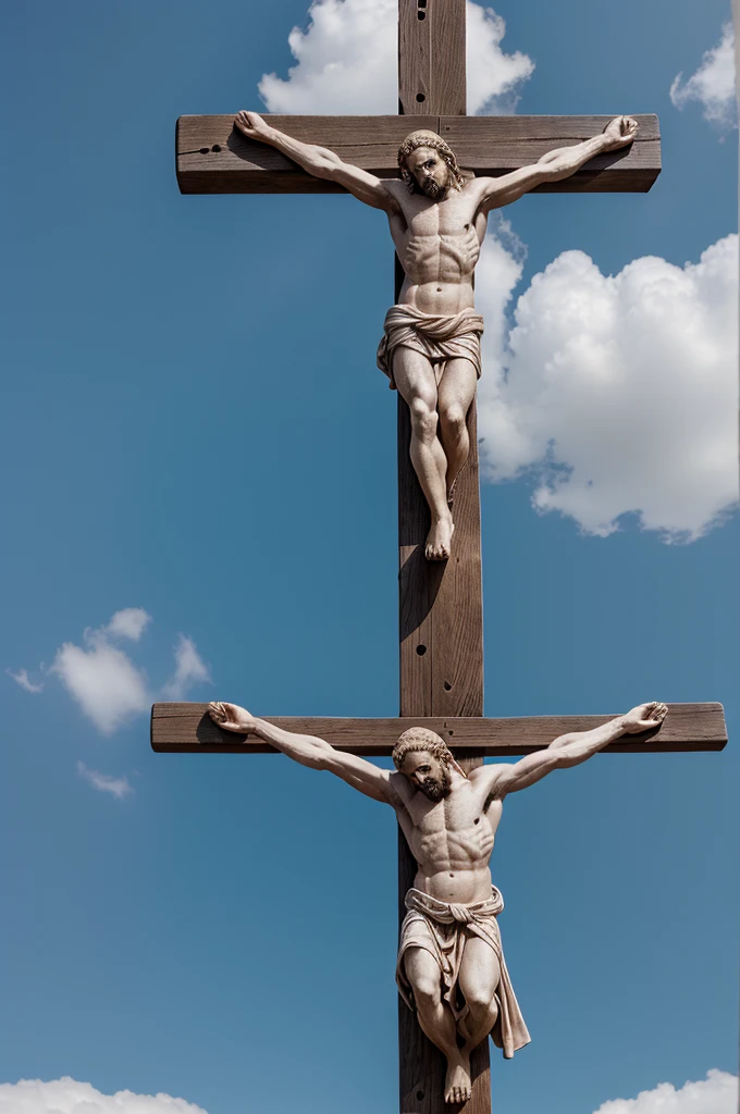 create the image of saint andrew crucified on a decussate cross, typical of the Roman Empire, sweaty . around you people , the panorama with a blue sky and bright sun, 8k image, high qualiy