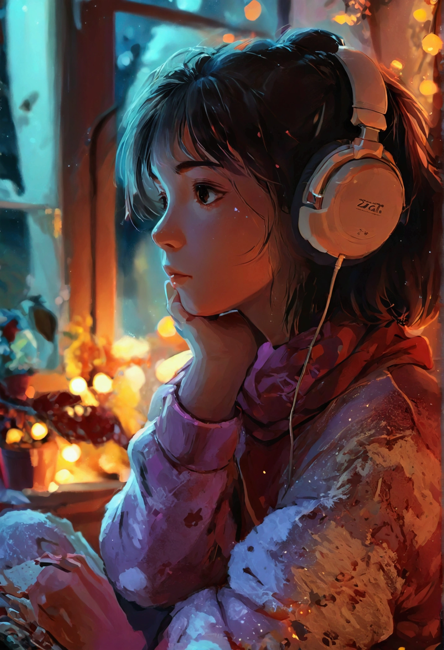 Girl listening to music in a cozy room at night, Using headphones, 2D style anime, Lo-fi, HD, Dark environment