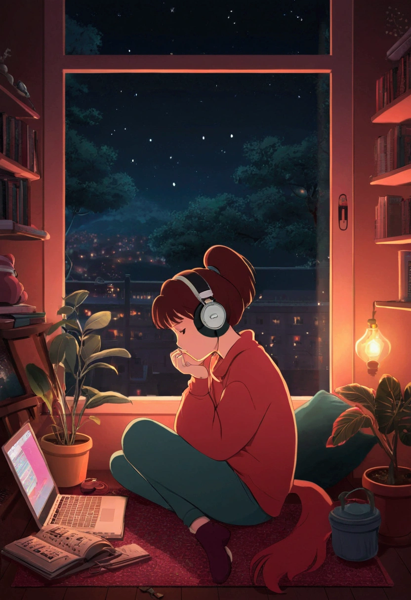 Girl listening to music in a cozy room at night, Using headphones, 2D style anime, Lo-fi, HD, Dark environment