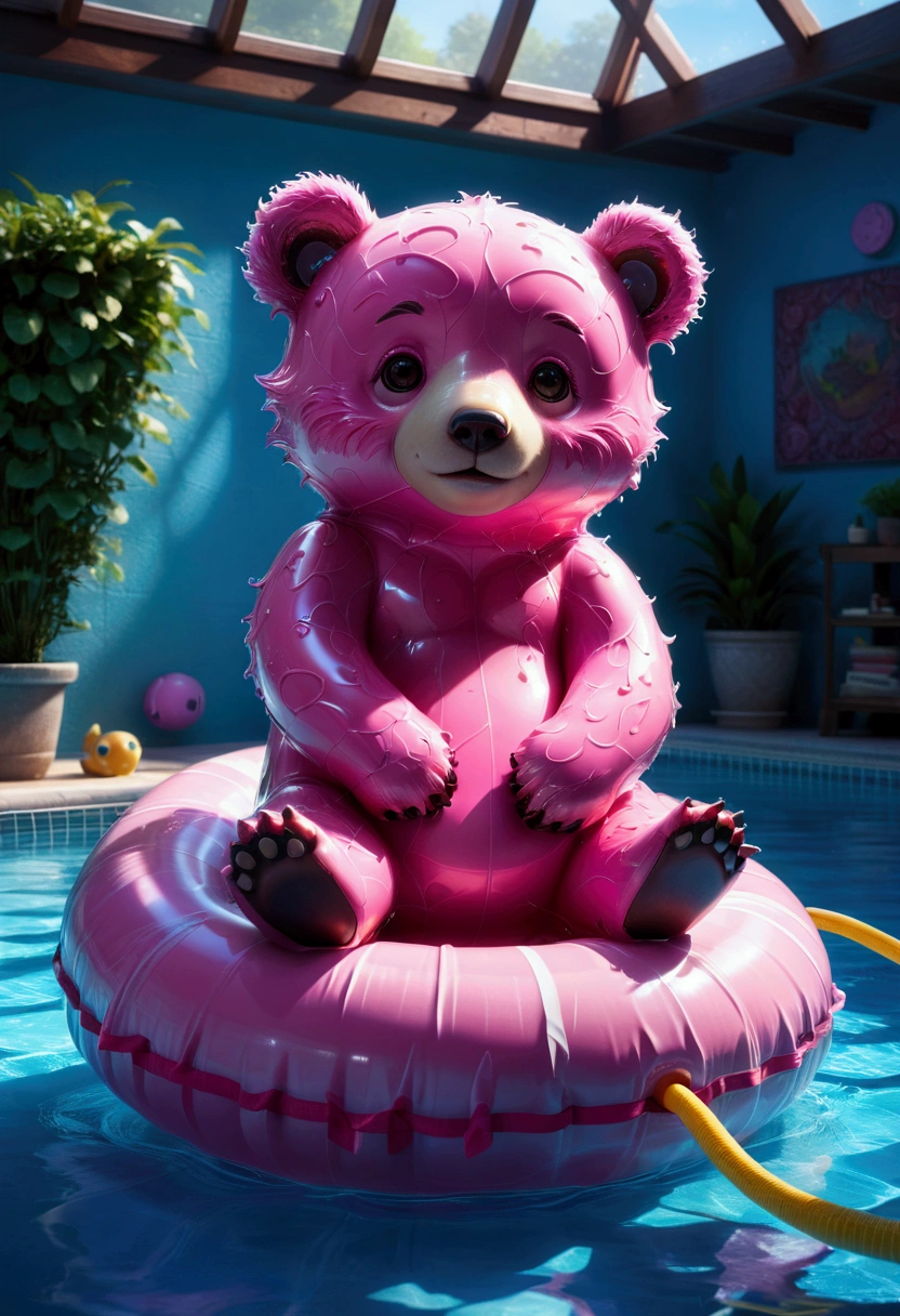Pool , An adorable bear cub floating on its back on a pink inner tube in a swimming pool, hyperdetailed, 8k resolution concept art, cinematic, volumetric lighting, maximalist, detailed matte painting, deep color, fantastical, intricate detail, splash screen, complementary colors, fantasy concept art, 8k resolution trending on Artstation Unreal Engine 5, masterpiece, best quality, very aesthetic, absurdres