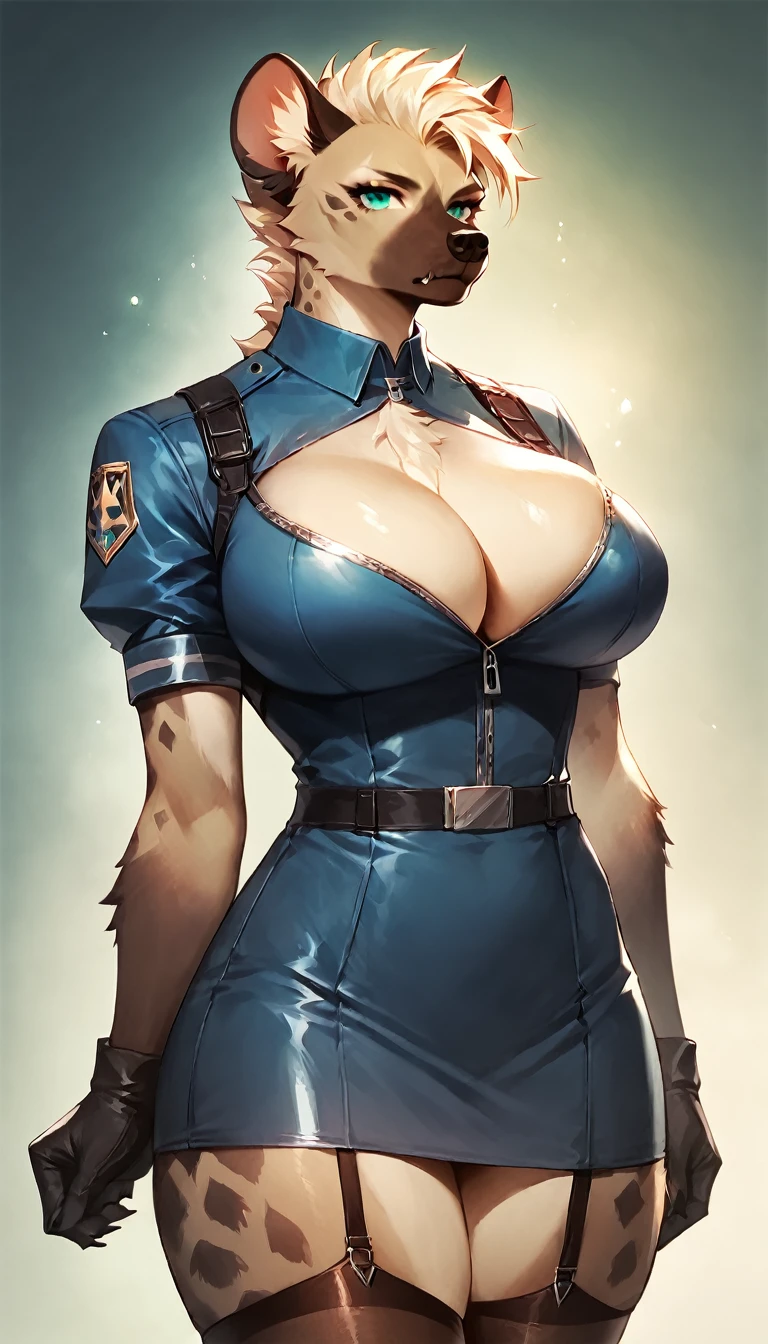 score_9, score_8_up, score_7_up, score_6_up, score_5_up, score_4_up, (solo), female anthro hyena, cop suit, skirt, lusty, fluffy body, long blond hair, turquoise eyes, (thick thighs:1.5)((( offering the breasts))) sex partial clothes, (((cleavage))) semi-butonned uniform niform, (barely_visible_booba) (she is standing) , giant breasts, garter belt tights
