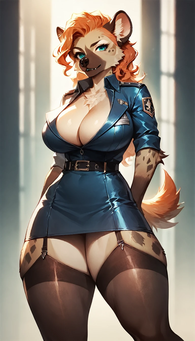 score_9, score_8_up, score_7_up, score_6_up, score_5_up, score_4_up, (solo), female anthro hyena, cop suit, skirt, lusty, fluffy body, long blond hair, turquoise eyes, (thick thighs:1.5)((( offering the breasts))) sex partial clothes, (((cleavage))) semi-butonned uniform niform, (barely_visible_booba) (she is standing) , giant breasts, garter belt tights