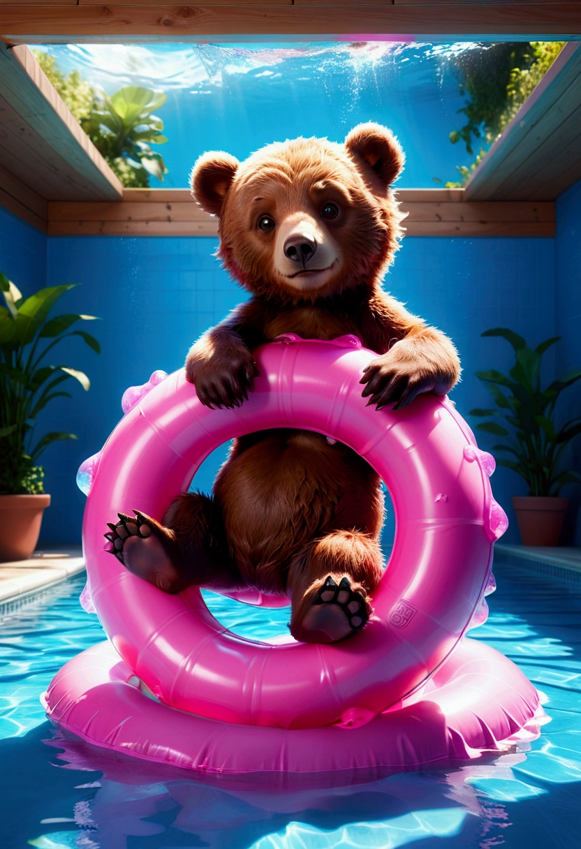 Pool , An adorable bear cub floating on its back on a pink inner tube in a swimming pool, hyperdetailed, 8k resolution concept art, cinematic, volumetric lighting, maximalist, detailed matte painting, deep color, fantastical, intricate detail, splash screen, complementary colors, fantasy concept art, 8k resolution trending on Artstation Unreal Engine 5, masterpiece, best quality, very aesthetic, absurdres