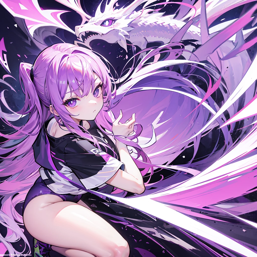 vector T-shirt design, modern graphics design, purple tones, white background, featuring a charming baby dragon with one curvy girl and smoke out of his mouth