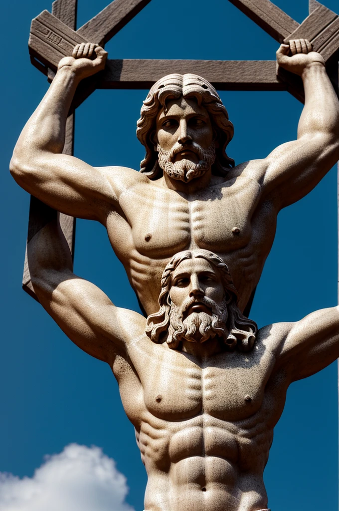 create the image of saint andrew crucified on a diagonal cross, typical of the Roman Empire, sweaty . around you people , the panorama with a blue sky and bright sun, 8k image, high qualiy