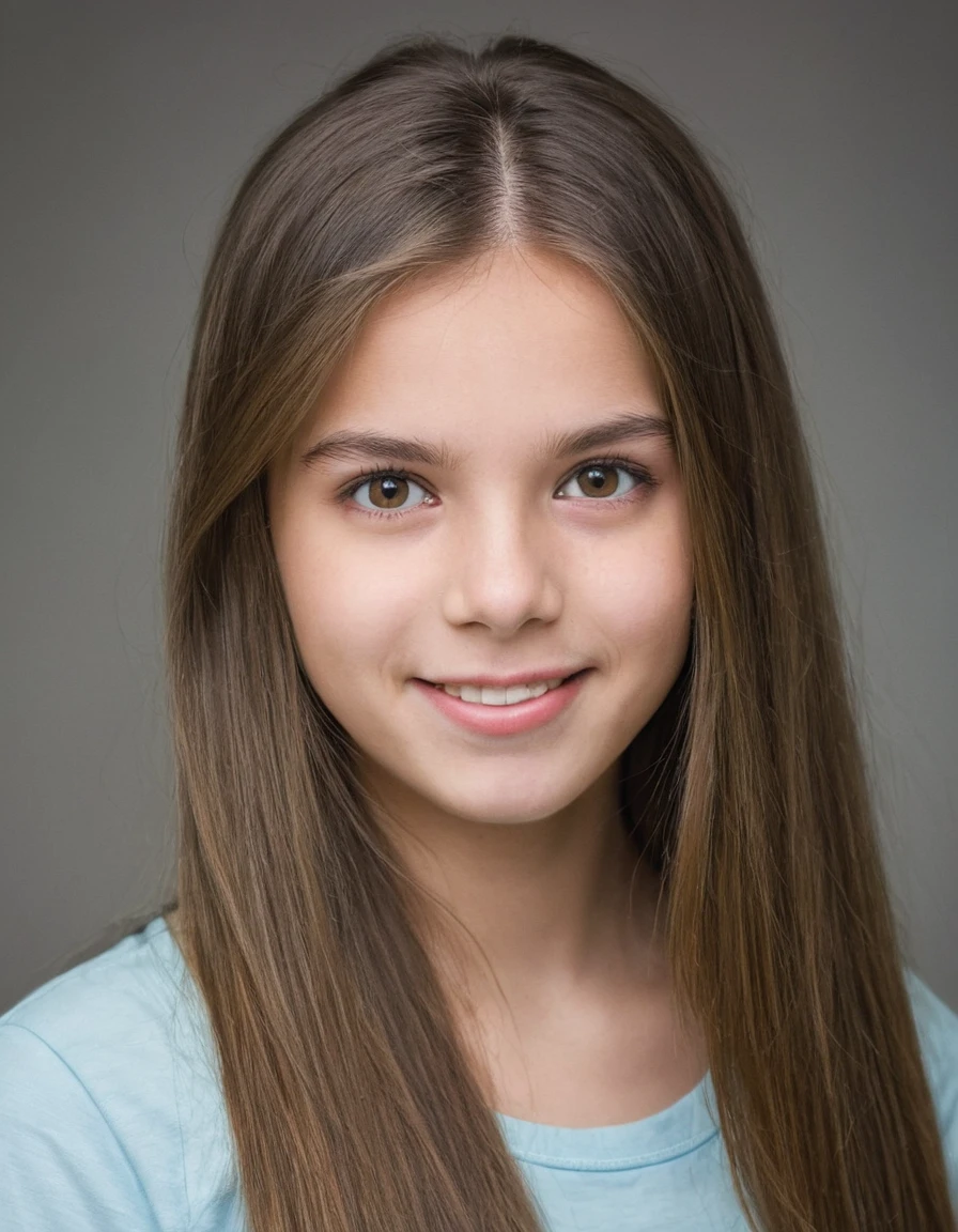 19 year old girl, pretty, very clear skin, Full mouth, long straight brown hair, styled hair, face photo, neutral facial expression, looking at the camera, realisitic