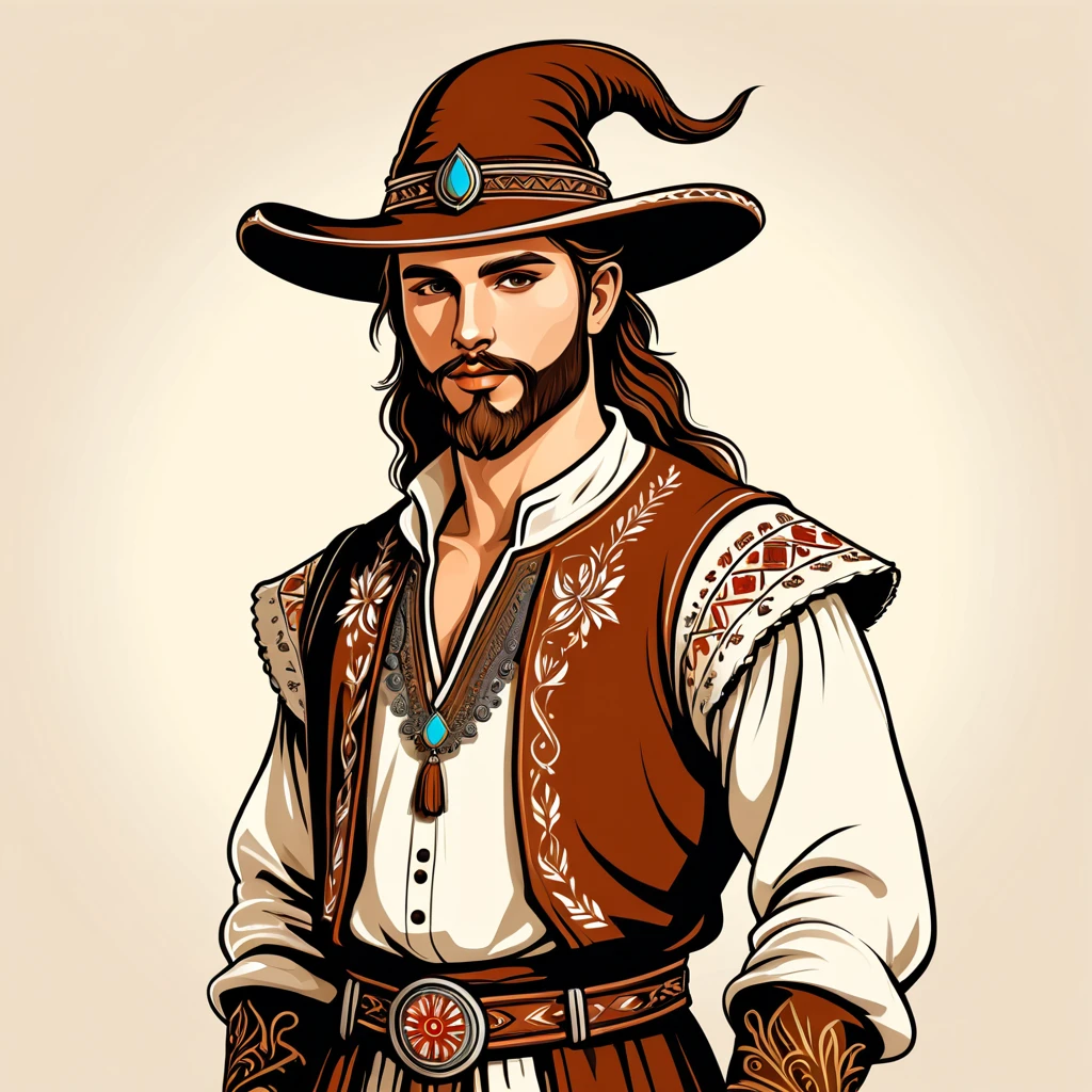fantasy man in folk outfit, vector graphics, strong contours