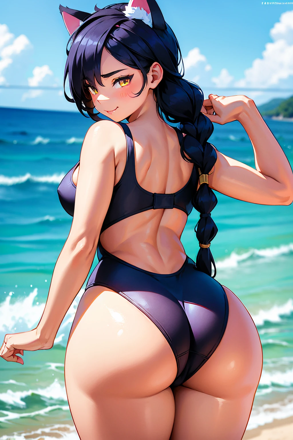 Erisa, 1girl, solo, long hair, looking at viewer, black hair, bandaid on face, yellow eyes, animal ears, smile, bandaid on nose, braid, cat ears, bandaid, bangs, breasts, fake animal ears, simple background, fang, bare shoulders, scar, bare shoulders, closed mouth, hair over one eye, portrait, hair over shoulder, legs, seductive, bathing suit, 2 piece swimsuit, beach, realistic, highly detailed face, detailed eyes, best quality, masterpiece, ultra detail, ultra high res, extreme detail, 8k, uhd, voluptuous, curvy, thick thighs, milf, butt, ass, round ass, from behind, holding up butt, 