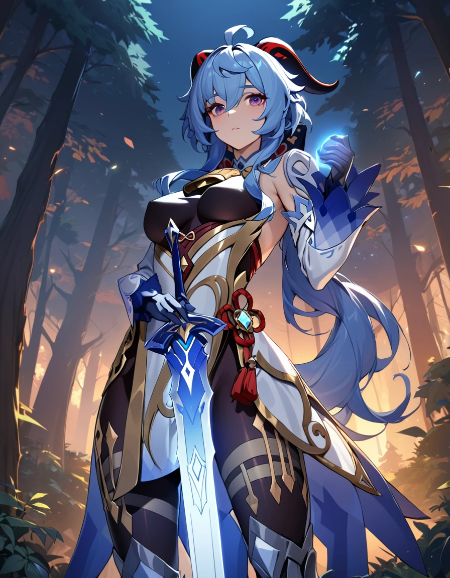 Ganyu (genshin impact), use blue Epic paladin Armor Clothes, sword 1 hand, hight quality, best quality, masterpiece, intricate details, high resolution, extremely detailed face, perfect lighting,(perfect hands), Detailed background, forest, Dusk, armored, Heavy Armor,