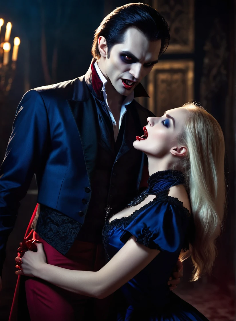 (A male vampire), (drinking blood from the neck of an attractive blonde woman), dramatic lighting, pale skin, (fangs bared), intense gaze, cinematic composition, dark moody atmosphere, deep red and blue color tones, photorealistic, highly detailed, intricate textures, dramatic shadows, cinematic lighting, the woman is in a light, elegant dress, the focus is on the interaction between the vampire and the woman. woman in skimpy modern clothes, (human woman), (vampire man), large vampire fangs, vampire have large canines, vampire canines