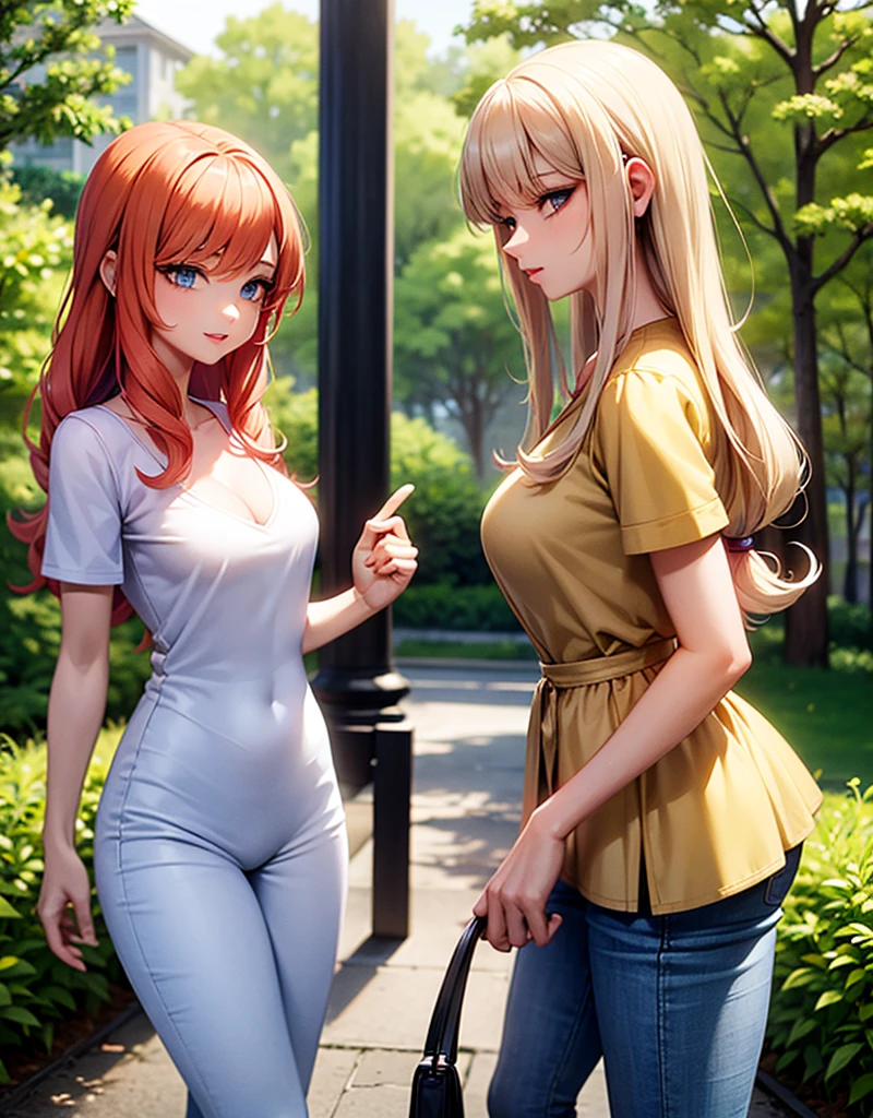 three girls, a blonde girl with green eyes, second redhead girl with blue eyes, third girl light yellow hair with light blue eyes, Casual clothes, long curly hair