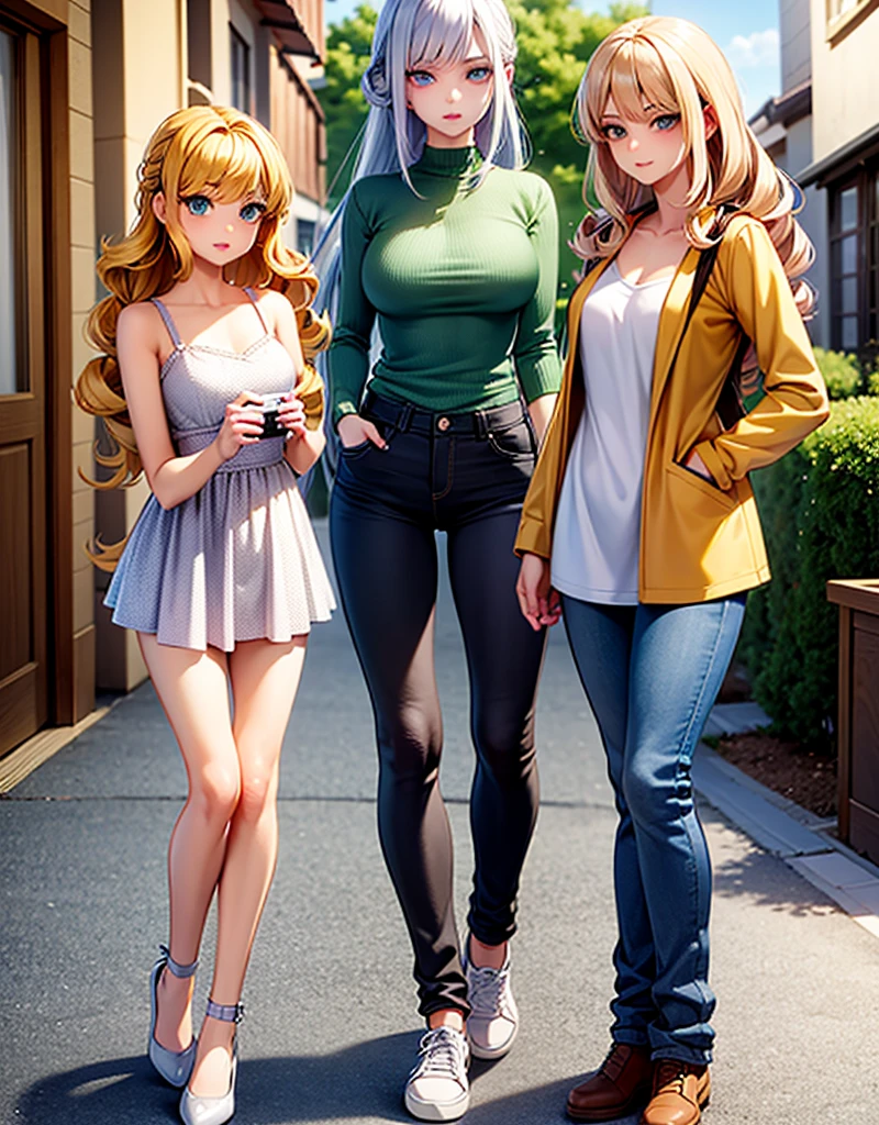 three girls, a blonde girl with green eyes, second redhead girl with blue eyes, third girl light yellow hair with light blue eyes, Casual clothes, long curly hair 