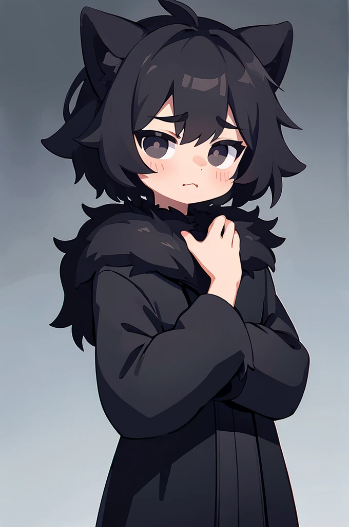 boy, black hair, black eyes, black coat with fur, stone background, pathetic face