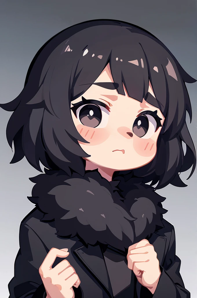 boy, black hair, black eyes, black coat with fur, stone background, pathetic face