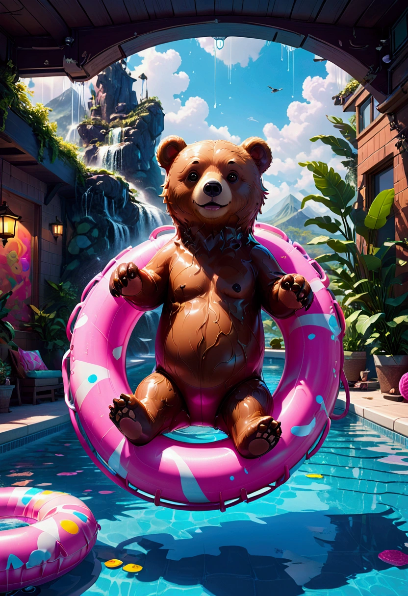 Pool , An adorable bear cub floating on its back on a pink inner tube in a swimming pool, hyperdetailed, 8k resolution concept art, cinematic, volumetric lighting, maximalist, detailed matte painting, deep color, fantastical, intricate detail, splash screen, complementary colors, fantasy concept art, 8k resolution trending on Artstation Unreal Engine 5, masterpiece, best quality, very aesthetic, absurdres