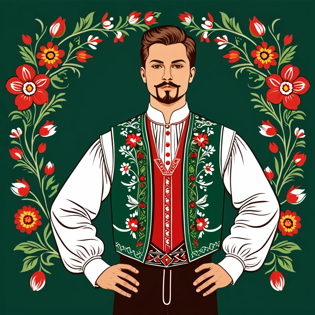 man in hungarian folk outfit, vector graphics, strong contours