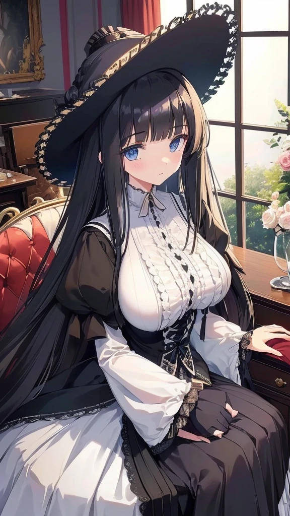 best quality, extremely detailed, anime style girl, long hair down to the waist, straight hair, dark black hair with bluish,crown braid,beautiful detailed eyes, pinched eyes, dark blue eyes, gradation eyes,huge breasts,((((English noblewoman's clothes)))),Luxury English hats,English like café,sitting on a chair,