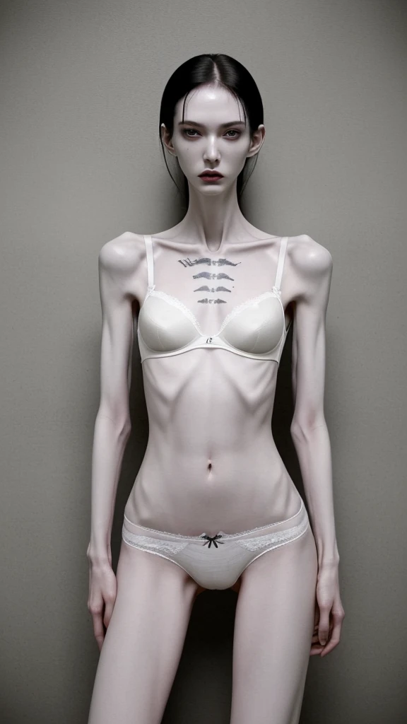 a woman, very thin body, body visible bones, very slender, pale white skin, panties, bra,tatto, full body, has a mental breakdown in an underground prison, sweaty weat body