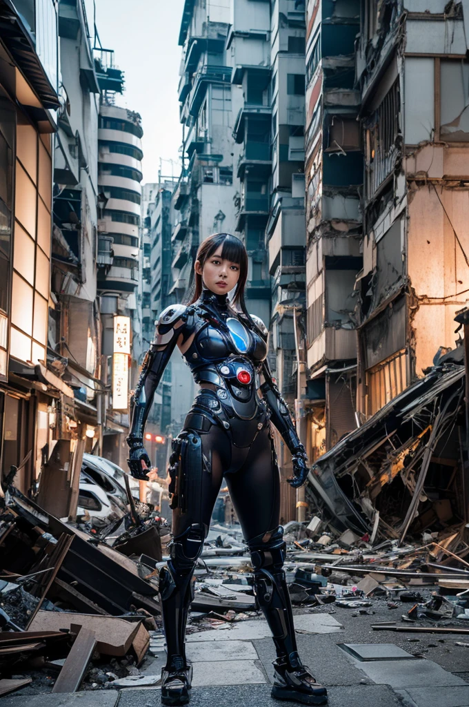Highest quality,Very sophisticated beautiful Japanese cyborg girl, Dynamic pose in front of the destroyed city of Kyoto、 Bionic body with futuristic details. (A highly sophisticated cyborg with his arms folded in front of a destroyed city, Bionic body with futuristic details.)