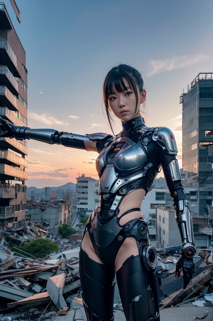 Highest quality,Very sophisticated beautiful Japanese cyborg girl, Dynamic pose in front of the destroyed city of Kyoto、 Bionic body with futuristic details. (A highly sophisticated cyborg with his arms folded in front of a destroyed city, Bionic body with futuristic details.)