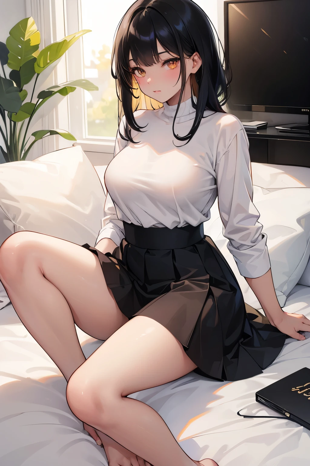 Digital Art, Digital Illustration, Ultra-detailed, beautiful image, Sharp Image, a close up of a woman in a short skirt and a black t-shirtr, shirt tucked into skirt, nylon tights, trending at cgstation, anime barbie doll, sweater tucked into skirt, trending on cgstation, anime vtuber full body model, ((black hair color)),((dark tanned skin)), (((golden eyes))), (16 years old), (round breasts), on bed